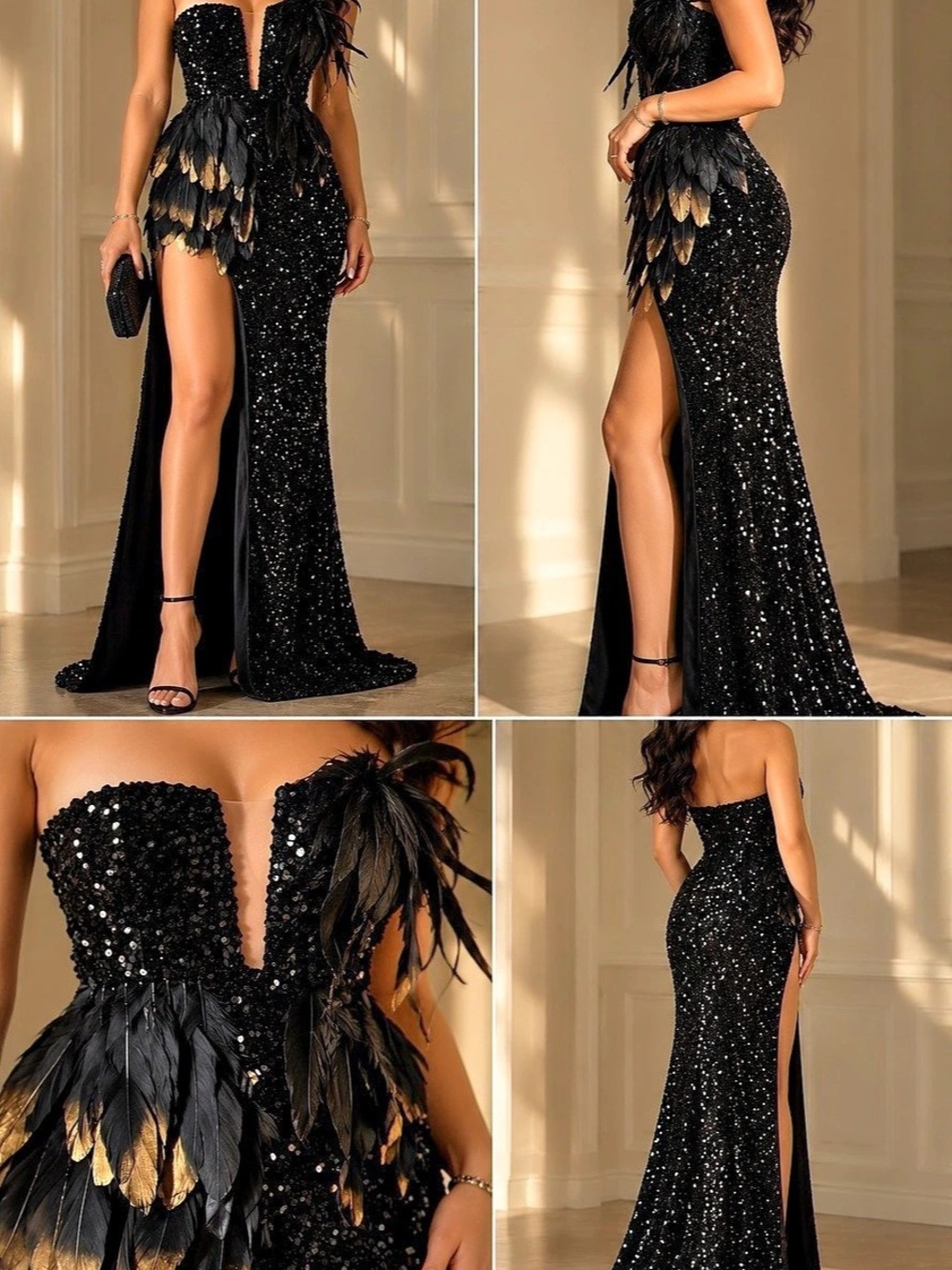 Black & Gold Sequin Feather Maxi Dress NWT